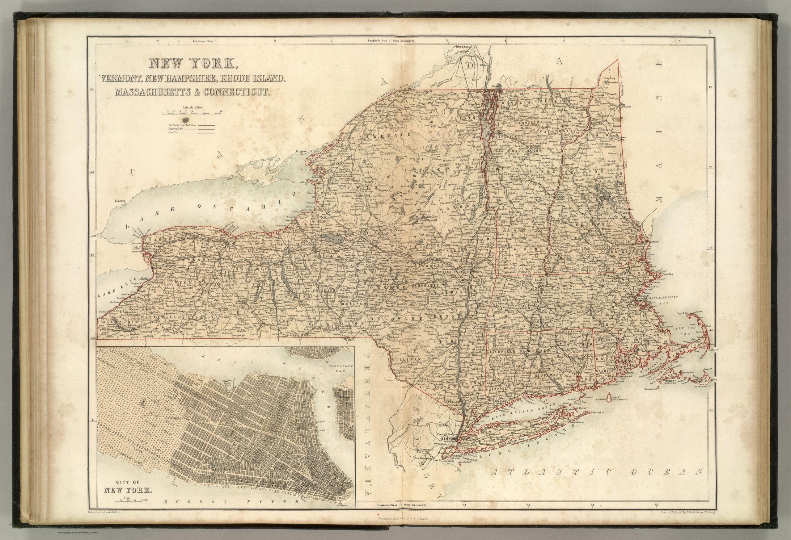 Aged map of New York State in 1856.